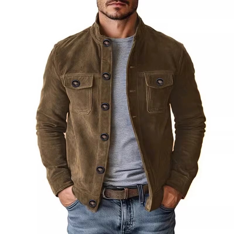 American Retro Fashion Men's Clothing 2026 Spring and Autumn New Solid Color Faux Suede Stand Collar Long-Sleeve Loose Casual Jacket