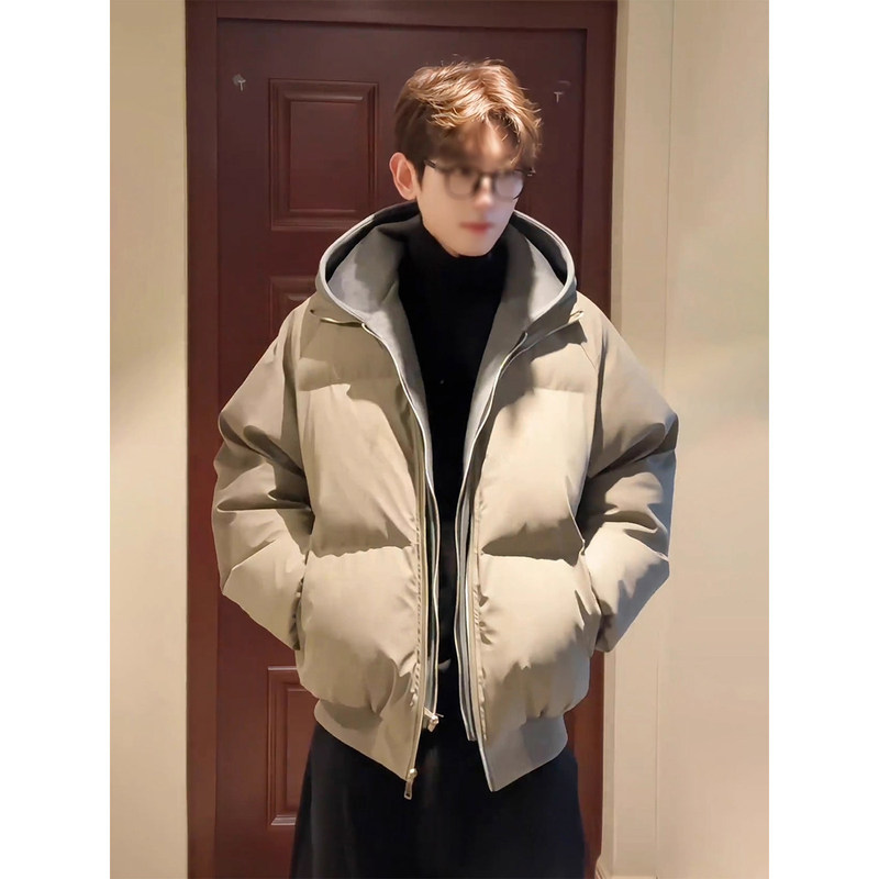 All-Goose down American Style Faux Two-Piece Short Pu Leather down Jacket for Men, Winter High-End Hooded Cotton Coat for Couples