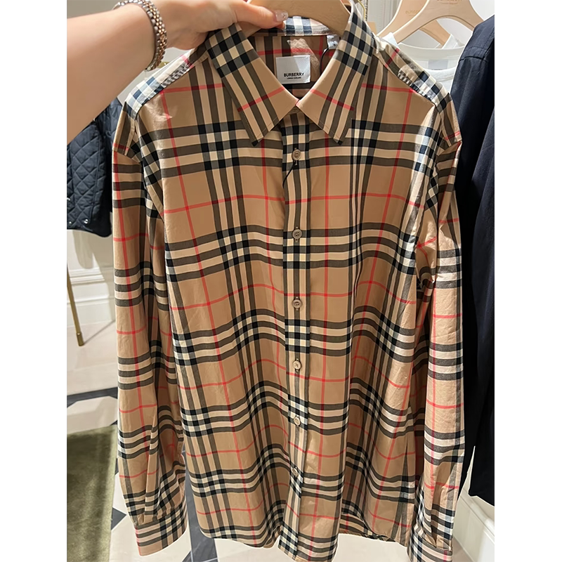 Burberry Burberry Classic Pointed Collar Plaid Long-Sleeved Pearl Shell Button Shirt Men's and Women's Shirts