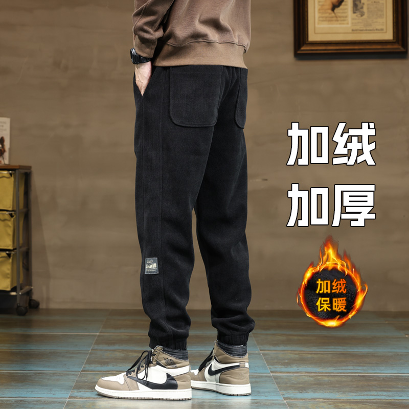 2023 men's bar suede pants autumn winter light core suede men's pants plus suede thickened warm sweatpants bunches foot casual pants man-Taobao