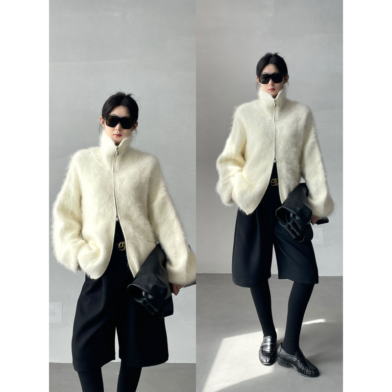 Zhiyu Lightweight and Warm Cashmere Wool and Mulberry Silk Triple Brushed Knitted Cardigan with Stand Collar and Small Bud-Like Texture Sweater Coat