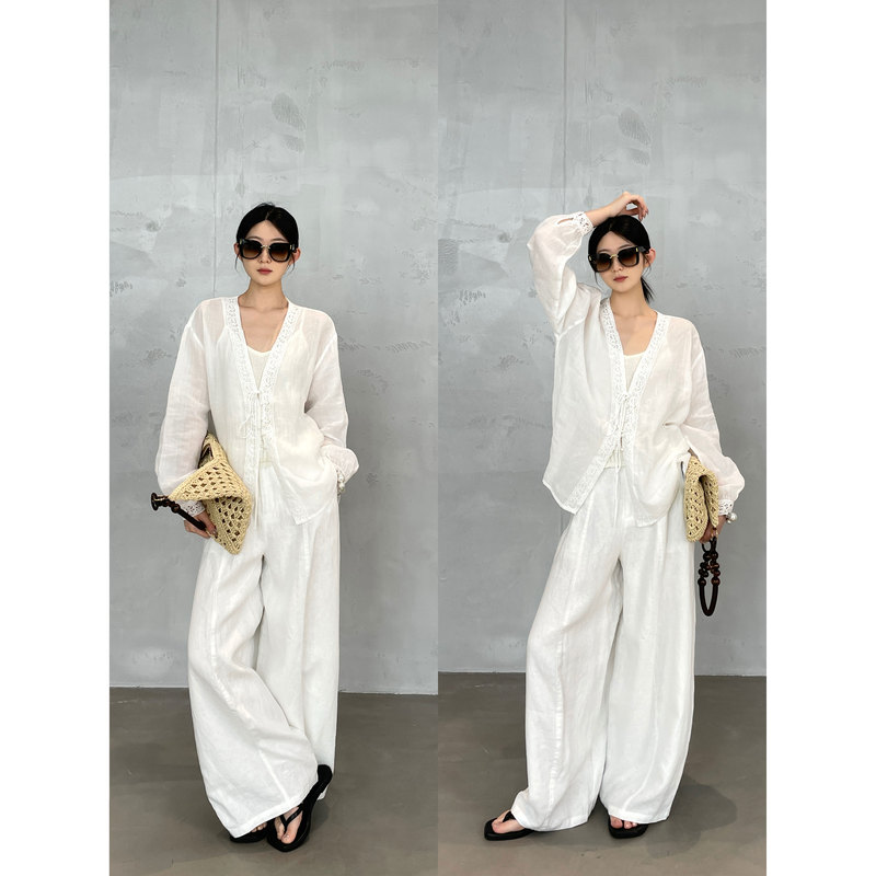 Zhiyu Delicate Pure Oxygen 100% Ramie Lace Trim Shirt_Refreshing Breathable Loose Tie V-Neck Cardigan Summer