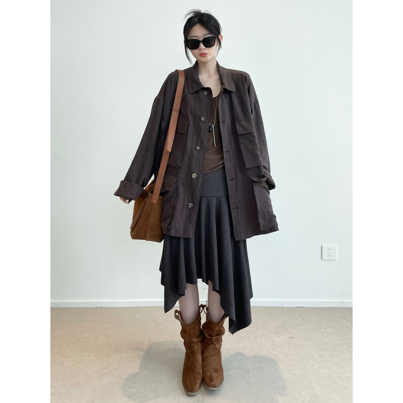 Zhiyu Ni Ni Style~Casual Shirt 100% Hemp Sun-Protective Multi-Pocket Oversized Loose Slimming Jacket Shirt