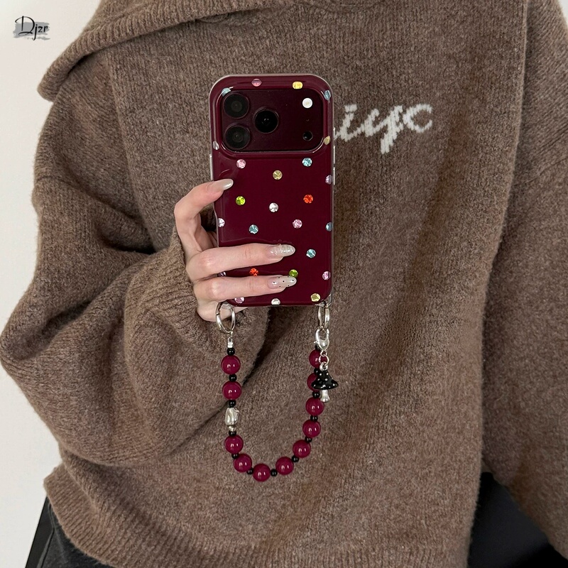 Suitable for Apple 18Promax Mobile Phone Case, New 2026 Retro Burgundy Red Polka Dot Iphone17Promax High-End Niche Ins Style 16Pro Full Cover with Lanyard 15 Protective Case for Women