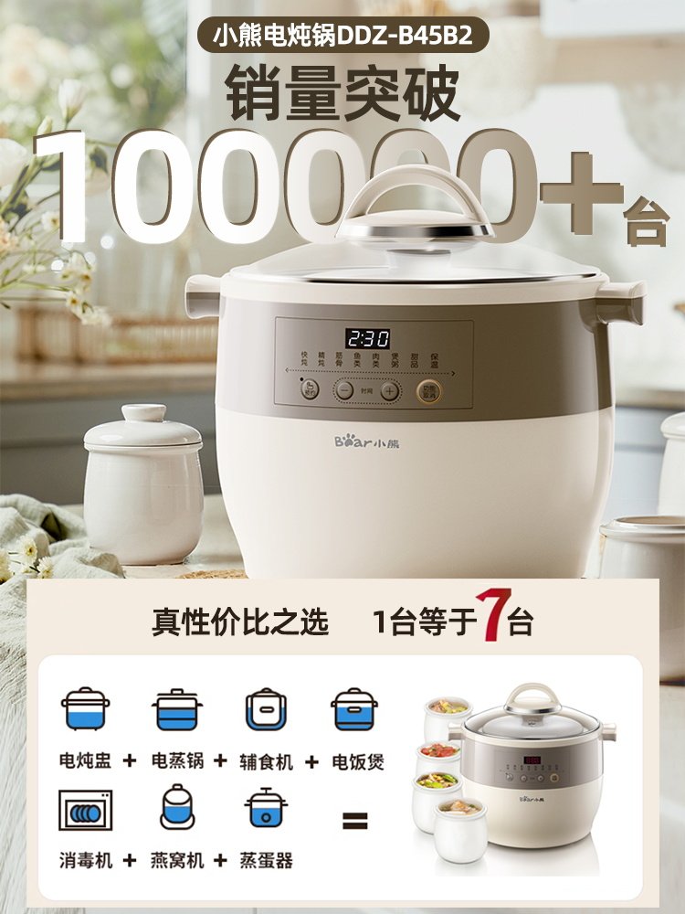 Bear Electric Stew Pot Fully Automatic Household Water-Separation Stew Cooker Ceramic Stew Pot for Cooking Bird's Nest Soup and Porridge