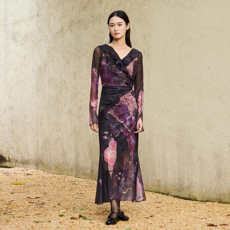 Sejie Original Print Mesh Stretch V-Neck Ruffle Dress 26 Summer New Collection Sejie Original Print Mesh Stretch V-Neck Ruffle Dress 26 Summer New Collection