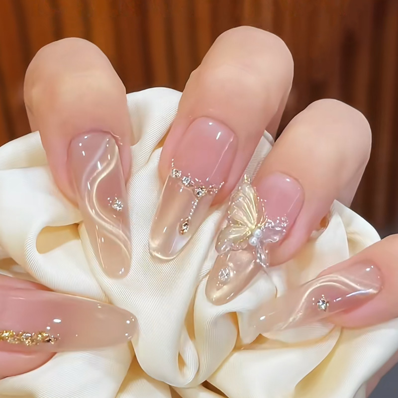 Light Luxury and High-End Heavy-Duty Golden Feather Butterfly Stereo Handmade Wearable Nails Gilt Cat-Eye Gold-Like Manicure Mid-Length Style