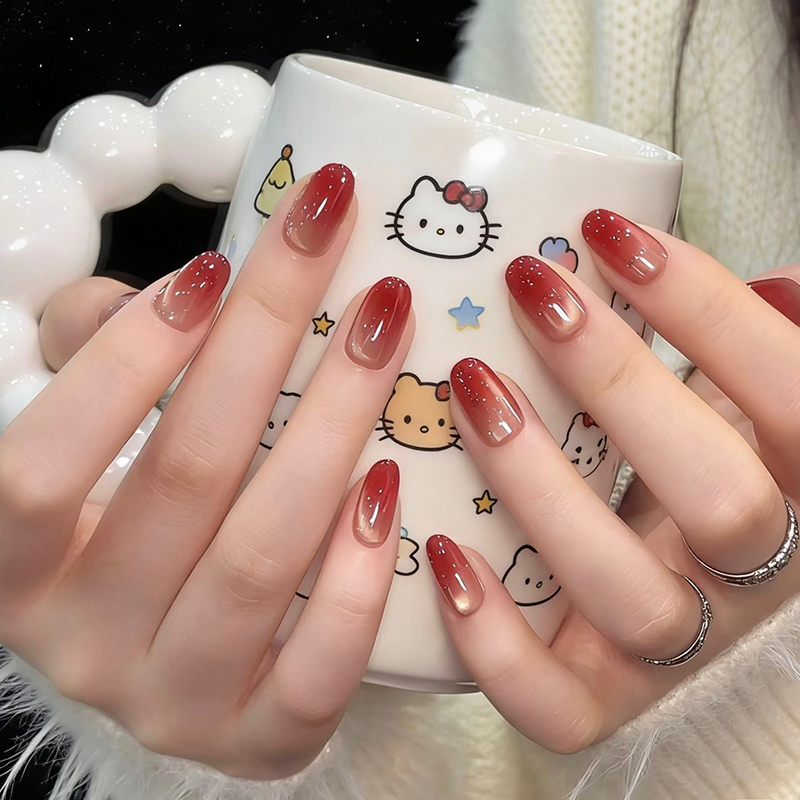 2026 New Year Burgundy Gradient Handmade Wearable Nails, High-End Sparkling Cat-Eye Whitening Manicure, Bride Wedding Nails, Short