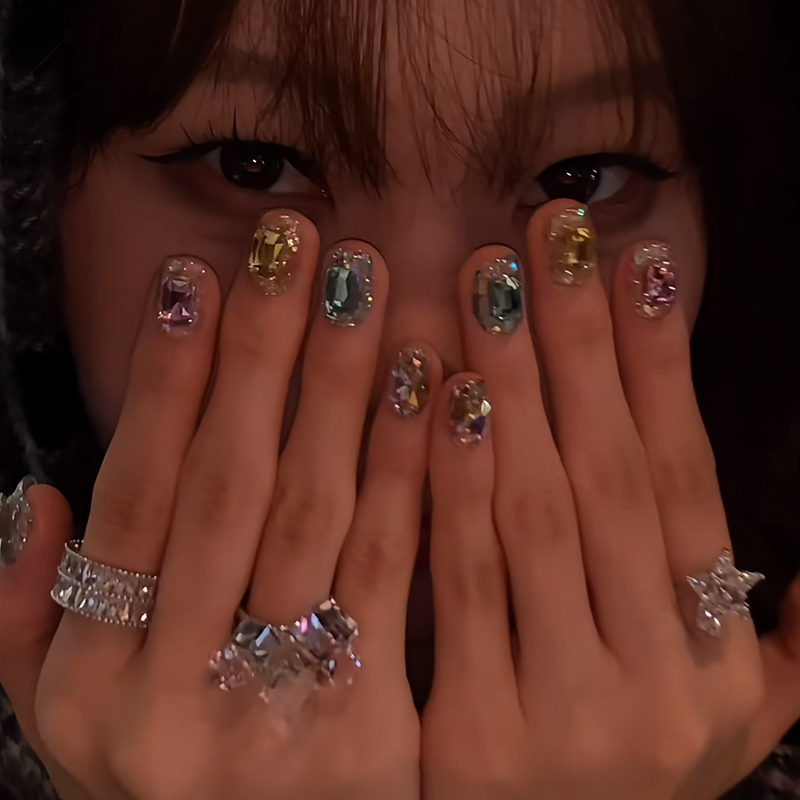 Spring Colorful Candy Sequins Handmade Wearable Nails High-End Summer Glass Rainbow K9 Diamond Internet Celebrity Hot Style Nail Art