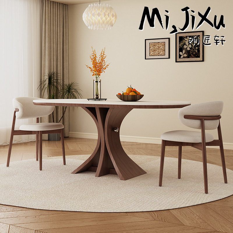 Mingjiangxuan Home Furniture 2026 новый ретро стиль овальная квадратная каменная плита обеденный стол и стул из массива дерева в сочетании с домашним столом Изображение 1