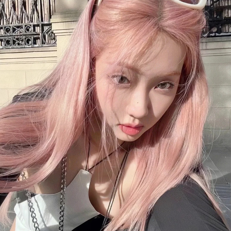Rose Gold Wig Female Front Lace Cherry Blossom Cinnamon Pink Human Hair Full Head Cover Can Be Dyed and Permed Long Straight Hair Wig Set