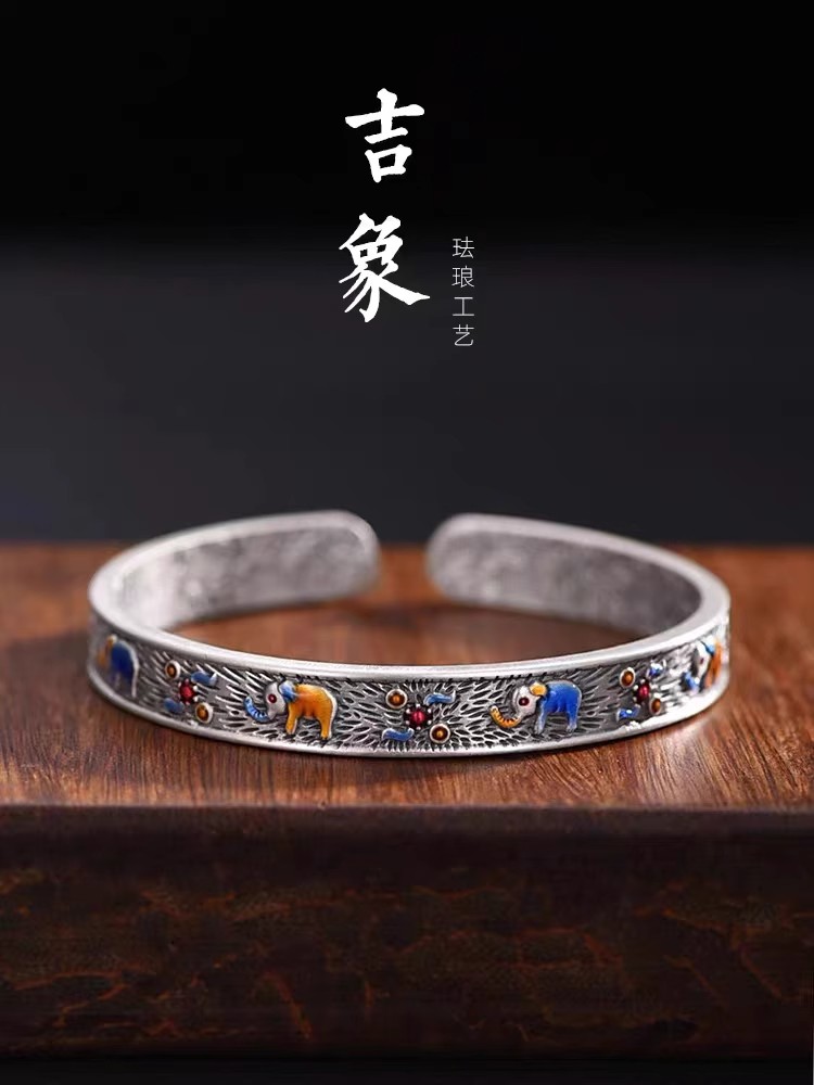 999 Superior Sense Auspicious Small Elephant Fever Blue Retro Hidden Silver Bracelet male and female lovers enamel color adjustable lovers' hands-Taobao