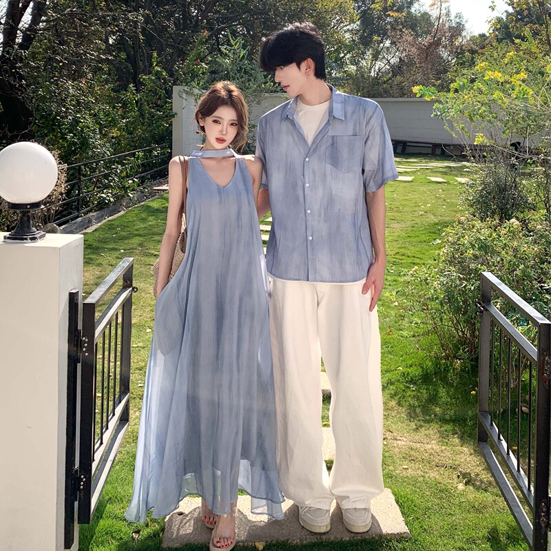 Couple's Summer Outfits: One Dress and One Shirt, French-Style Blue V-Neck Dress with a Cool Vibe, Seaside Vacation Style, Slimming Long Dress