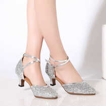 Dance shoes for women soft sole sequins national standard ballroom dance shoes adult mid-heeled outdoor Latin dance square dance shoes for performance