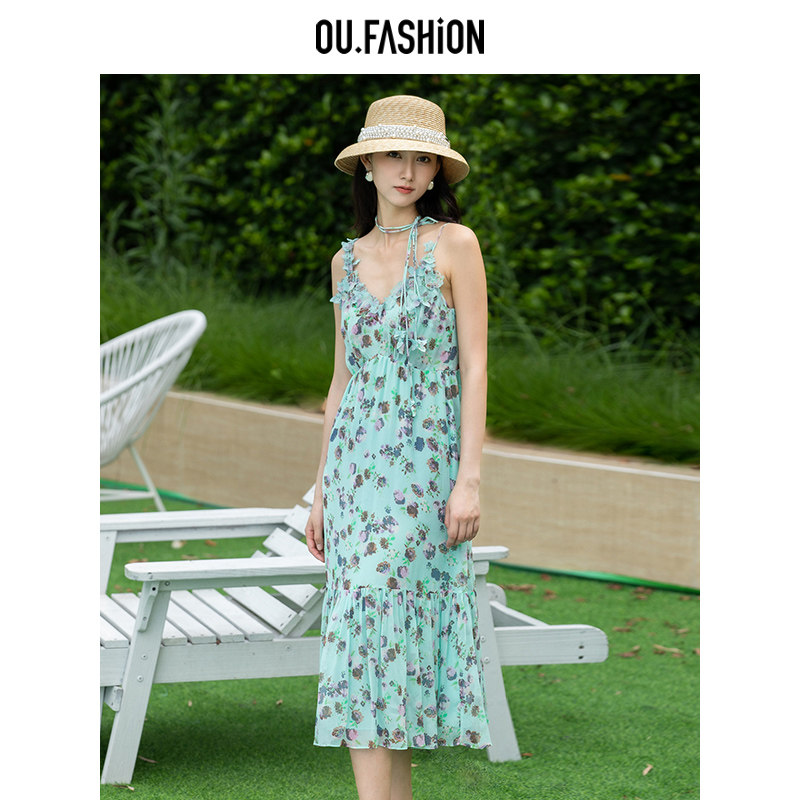 OU. ヨーロピアンポイント【デパートと同じスタイル】マルベリーシルク バケーションスタイル 花柄プリント シルクサマードレス 1122420230