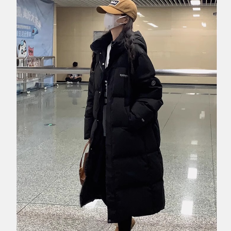 Black Hooded down Cotton Jacket for Women, Winter 2026 New Korean Style, Mid-Length, Loose, Thickened, Over-The-Knee Cotton Coat