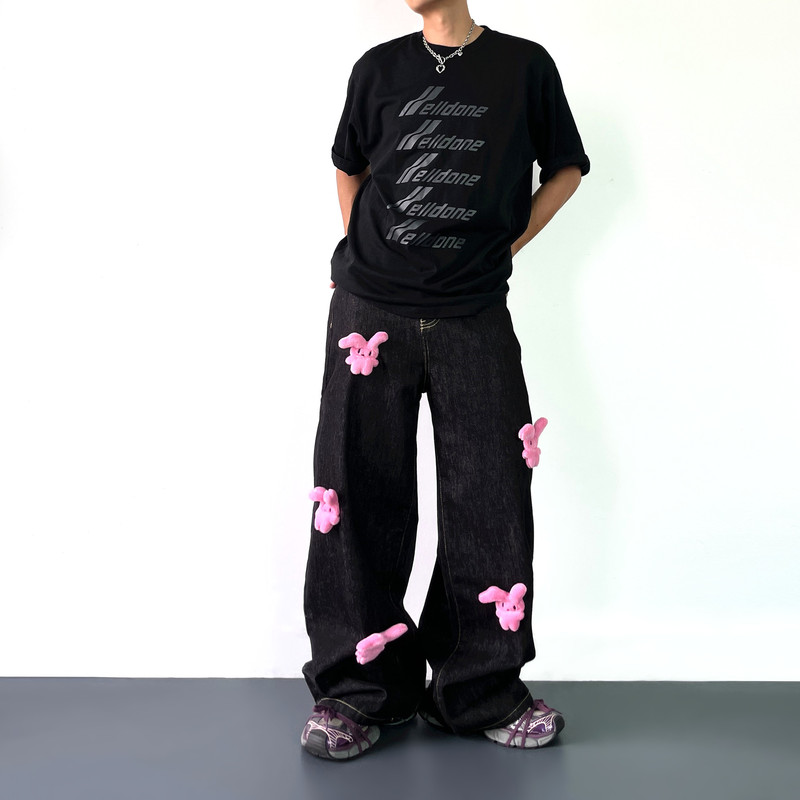 Daxin Original Chinese-Style Denim Jeans for Men, Designer Pink Rabbit Loose Wide-Leg Straight Vintage Long Pants