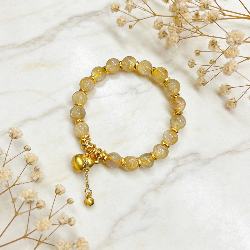 Simple and Stylish Gourd Tassel Wrapped Gold Hair Crystal Bracelet with Gold-Plated Silver Fortune Beads Pendant Bracelet Gift for Girlfriend
