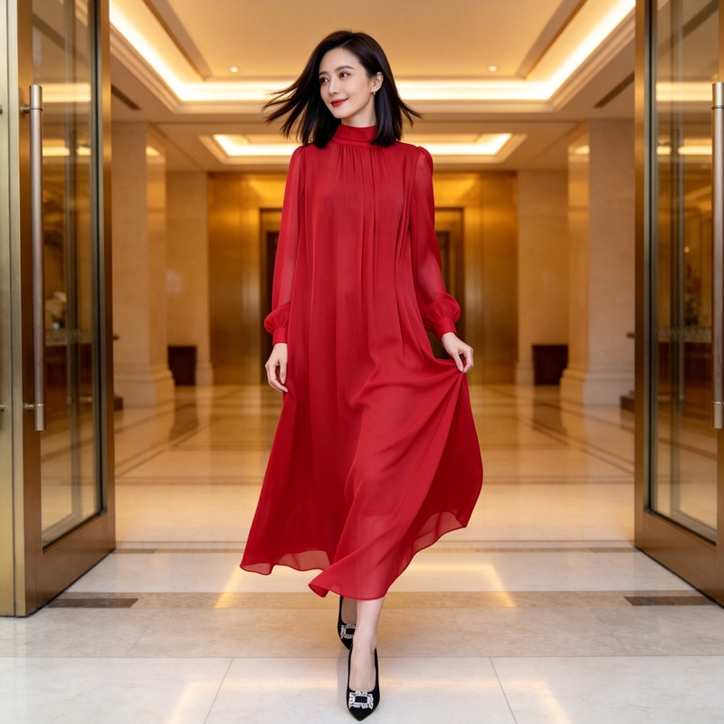 Summer Dress 2026 New Style Fashionable Age-Reducing Dress for Women, Summer Elegant Slimming Chiffon Long-Sleeved Dress Summer Dress 2026 New Style Fashionable Age-Reducing Dress for Women, Summer Elegant Slimming Chiffon Long-Sleeved Dress