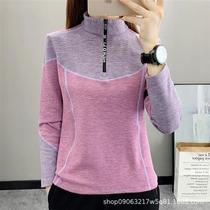 Outdoor fleece long-sleeved T-shirt womens autumn and winter plus velvet warm stand-up collar running sports stretch breathable fleece top