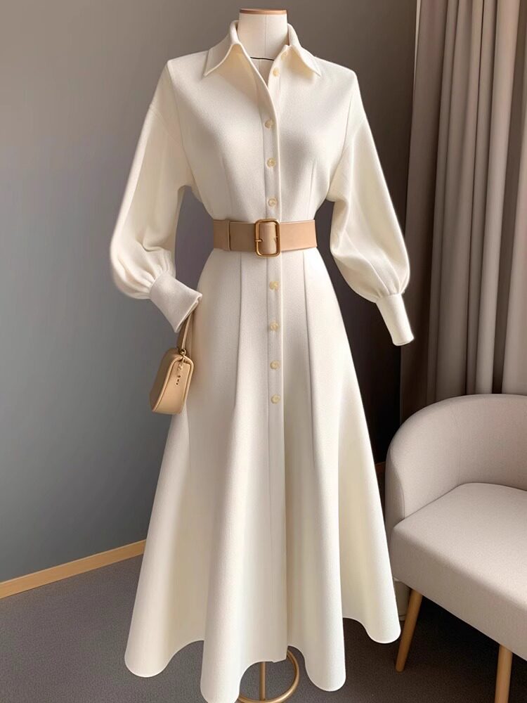 Father-style High sense Temperament POLO Collar Long Sleeve Long Skirt Autumn Winter New sister wearing a hitch-skinny dress lady-Taobao