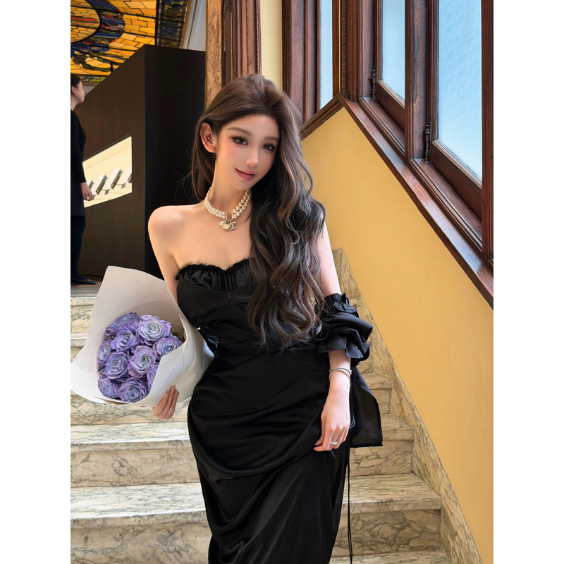 Chicbyrr/Exclusive Black Satin Bow-Tie Waist-Cinching Cocktail Dress