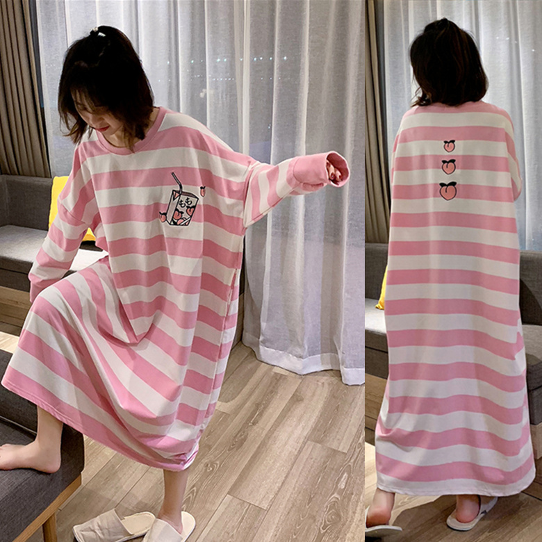 Long Skirt to Ankle, Extra-Long Pajamas, Autumn and Winter Women's Nightgown, Large Size Pure Cotton Home Dress, Spring and Autumn Long-Sleeved Nightgown