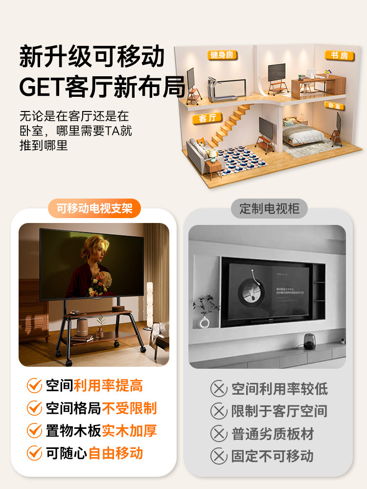 Tv Movable Stand, Floor-Standing Cart with Wheels, Nordic Art Hanging Shelf, High-End Tv Cabinet, Universal