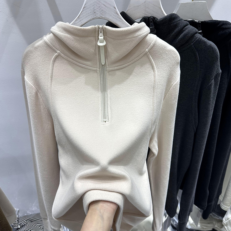 New Style Solid Color Half-Zip Autumn and Winter Hoodie for Women with a Stylish Design, European-Style Base Layer Top, 2024 German Velvet New Style Solid Color Half-Zip Autumn and Winter Hoodie for Women with a Stylish Design, European-Style Base Layer Top, 2024 German Velvet