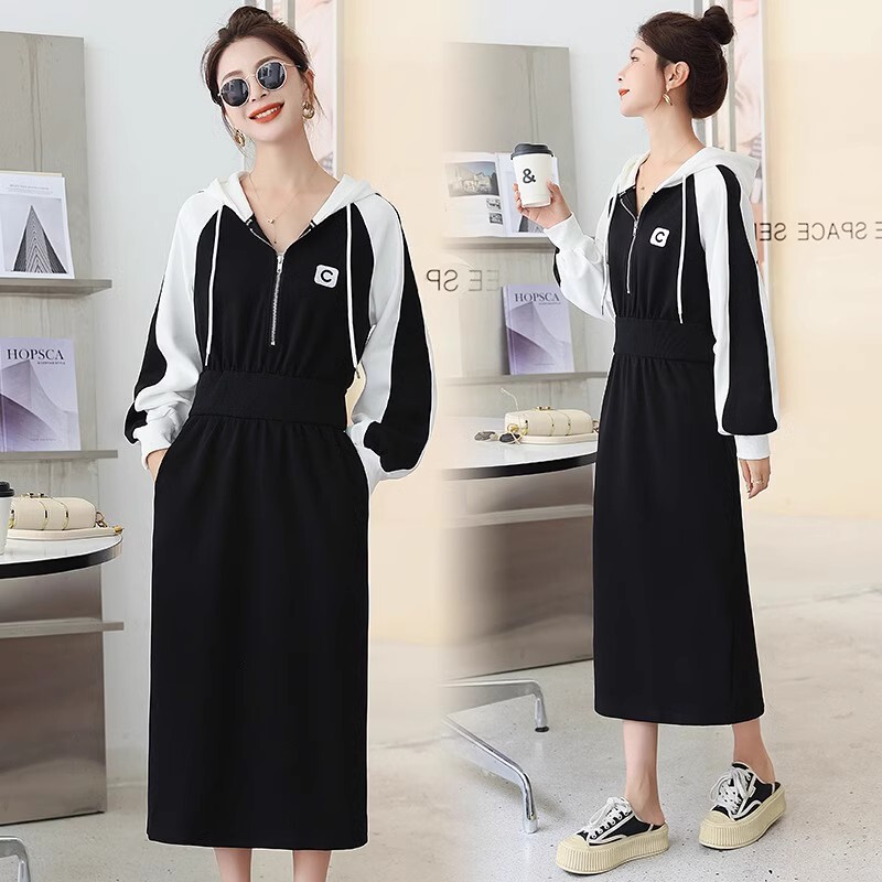 Women's Hoodie Dress, Early Autumn New Slim Fit 2024 Short Style Patchwork Long Top, Spring and Autumn Wear Women's Hoodie Dress, Early Autumn New Slim Fit 2024 Short Style Patchwork Long Top, Spring and Autumn Wear