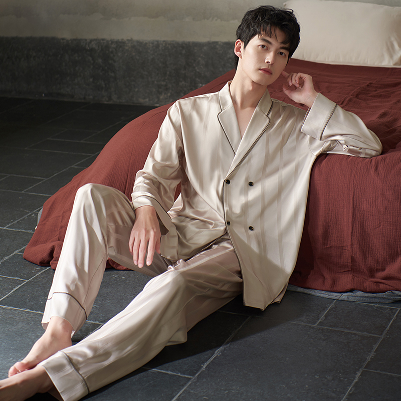 High-End Men's Silk Pajamas, Spring and Autumn Long-Sleeved Suit, Large Size Mulberry Silk Loungewear, Can Be Worn Outside, Gift for Boyfriend