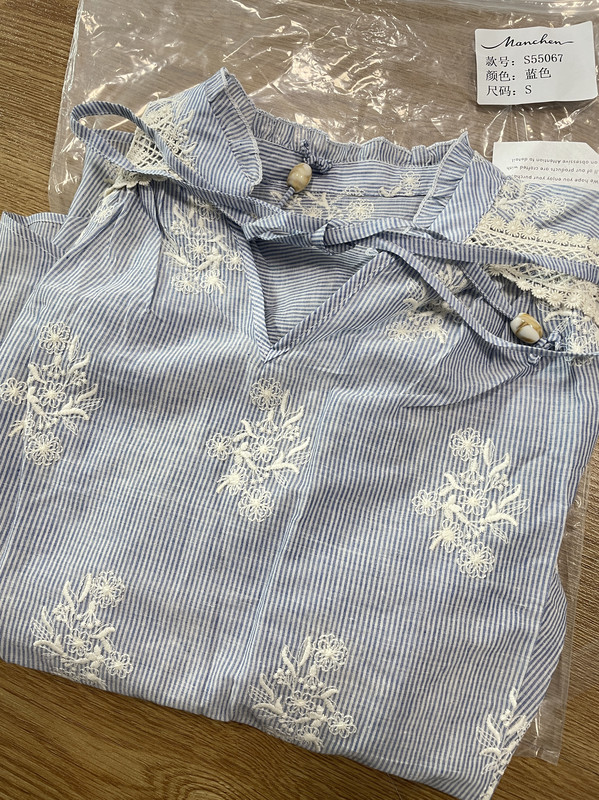 Spot 2025 Blue Stripesd Embroidered Top Lace Collar Embroidered Shirt 55067