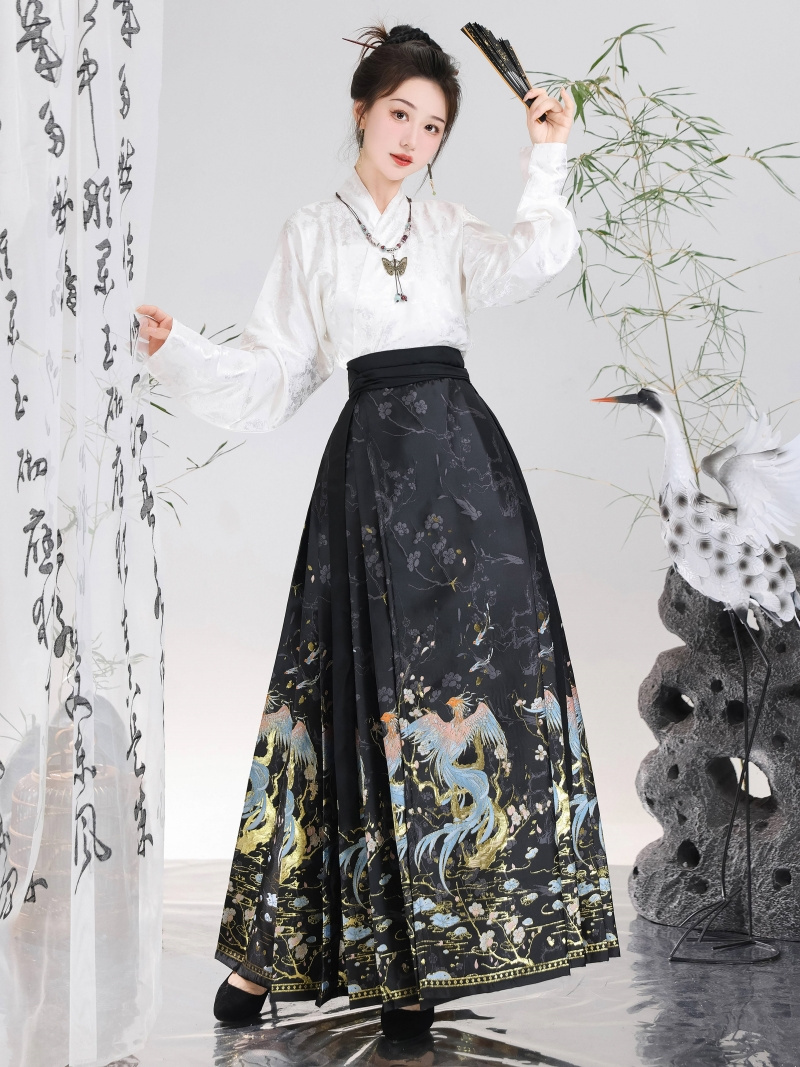 馬面裙 漢服 マキシ丈 ロングスカート プリーツ 中国風 水墨 白黒 ギャザー 馬面裙 漢服 マキシ丈 ロングスカート プリーツ 中国風 水墨