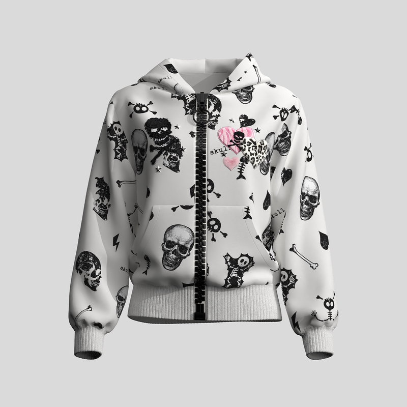 Dreamband『Pink Heart Skull』Punk Style Zippered Hooded Short Jacket Couple Sweatshirt Unisex