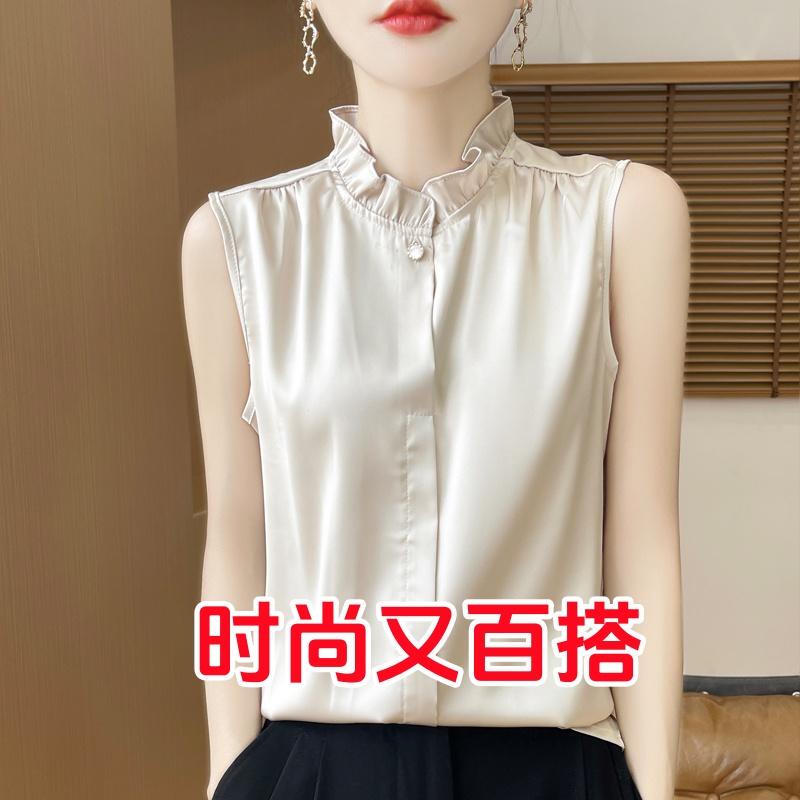 Floral Collar Satin Inner Layer Sleeveless Shirt French Blouse Lace Top Thin Vest Base Layer Fashionable Stand Collar Elegant