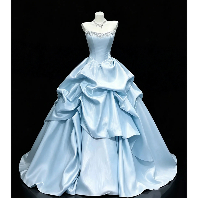 Blue Strapless Evening Dress for Women 2026 New Style High-End Student Art Exam Coming-Of-Age Ceremony Host Birthday Princess Dress
