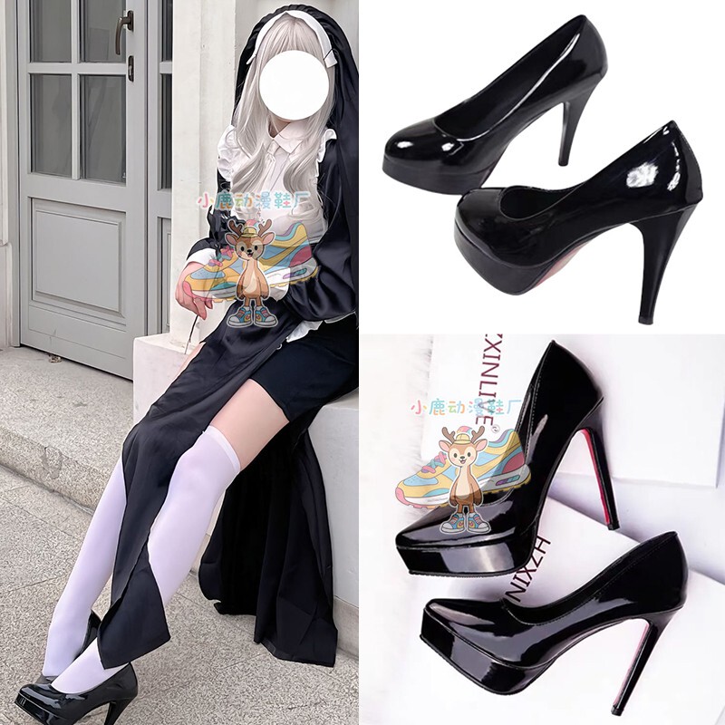 Nun Costume Cosplay Shoes Maria Halloween Anime Everyday Versatile Height-Increasing Stiletto Black High Heels
