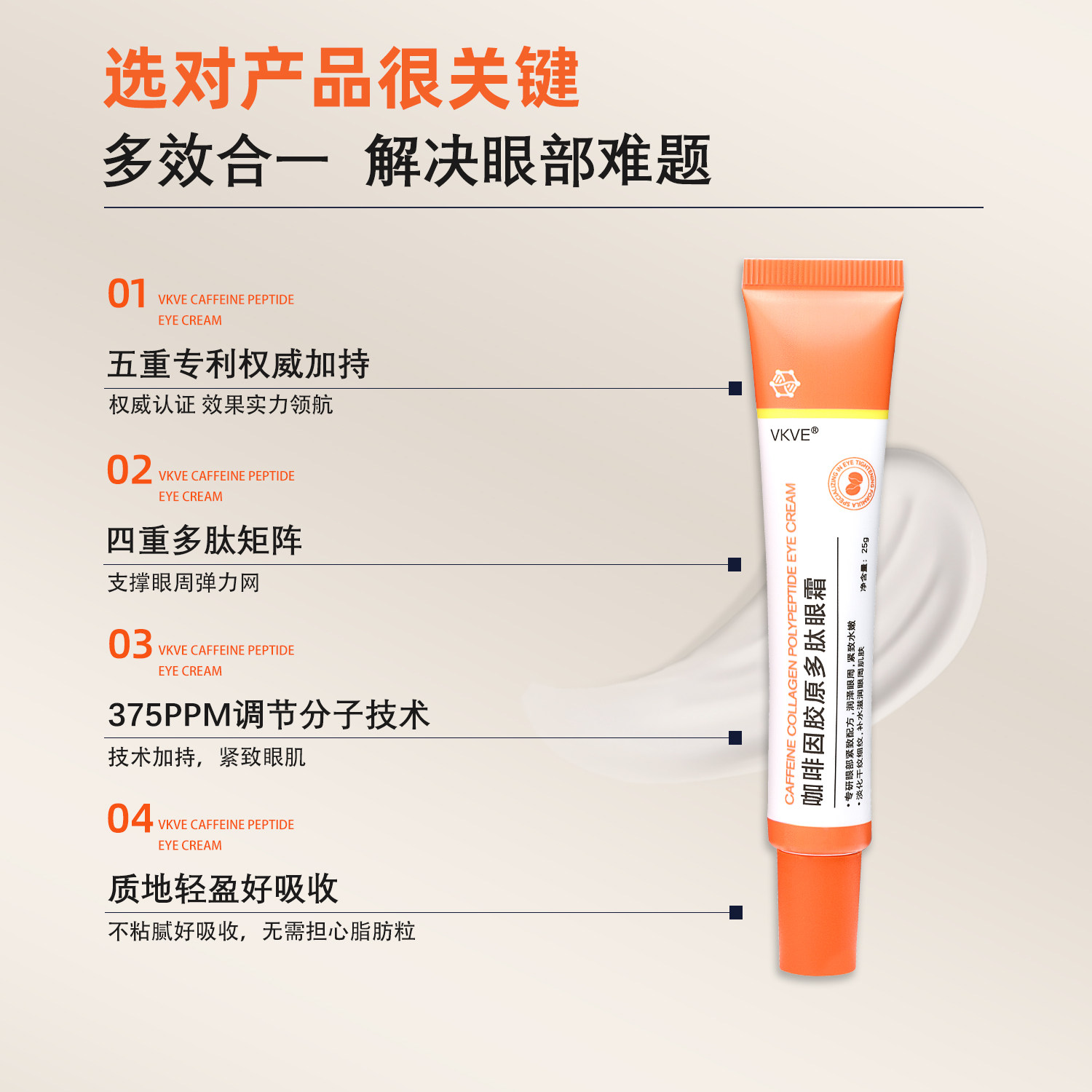 Vkve Eye Cream Contains Caffeine, Collagen Peptides, and Reduces the Appearance of Dry Lines, Fine Lines, and Dark Circles, Moisturizes, Anti-Wrinkle, Firms, and Brightens the Eye Area