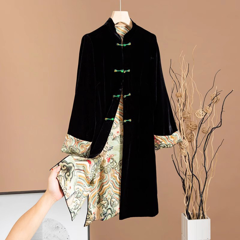 First-Line Brand Discount Clearance, Bargain Chinese-Style Mid-Length Silk Velvet Trench Coat with Button Closure, Vintage Cheongsam Women's Jacket
