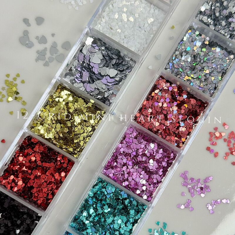 12-Grid Mini Heart-Shaped Glitter Nail Art Decorations, Popular Ultra-Thin Small Hearts for New Year and Christmas Nail Decorations 12-Grid Mini Heart-Shaped Glitter Nail Art Decorations, Popular Ultra-Thin Small Hearts for New Year and Christmas Nail Decorations