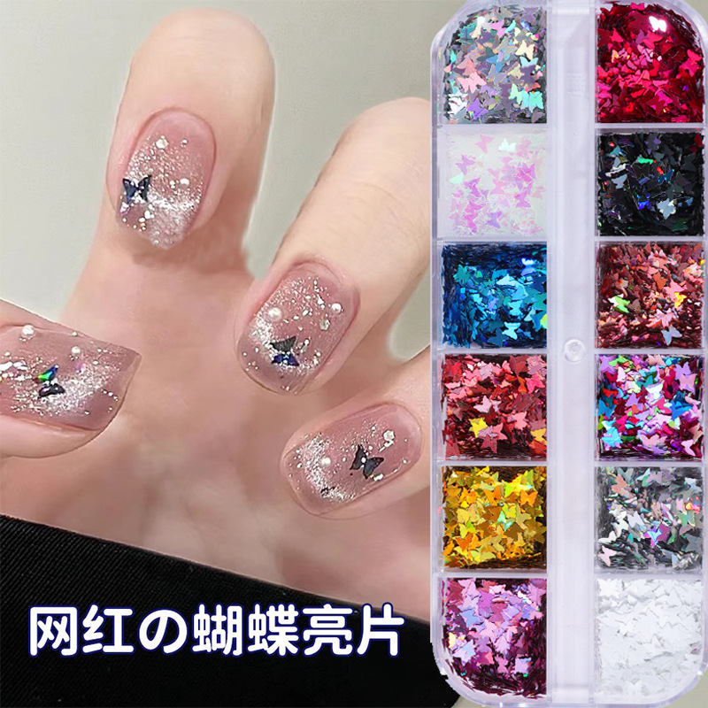 Butterfly Sequins 12-Grid Box Nail Art Decorations Internet-Famous Hot Item Laser Silver Small Butterfly Embellishments Small Ornaments Decorations