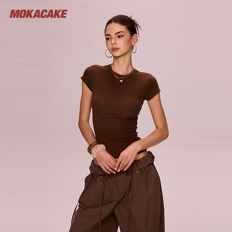 Mokacake Coffee-Colored Round Neck Short-Sleeve T-Shirt, Base Shirt, Sexy and High-End, Slim-Fitting Top for Women in Summer