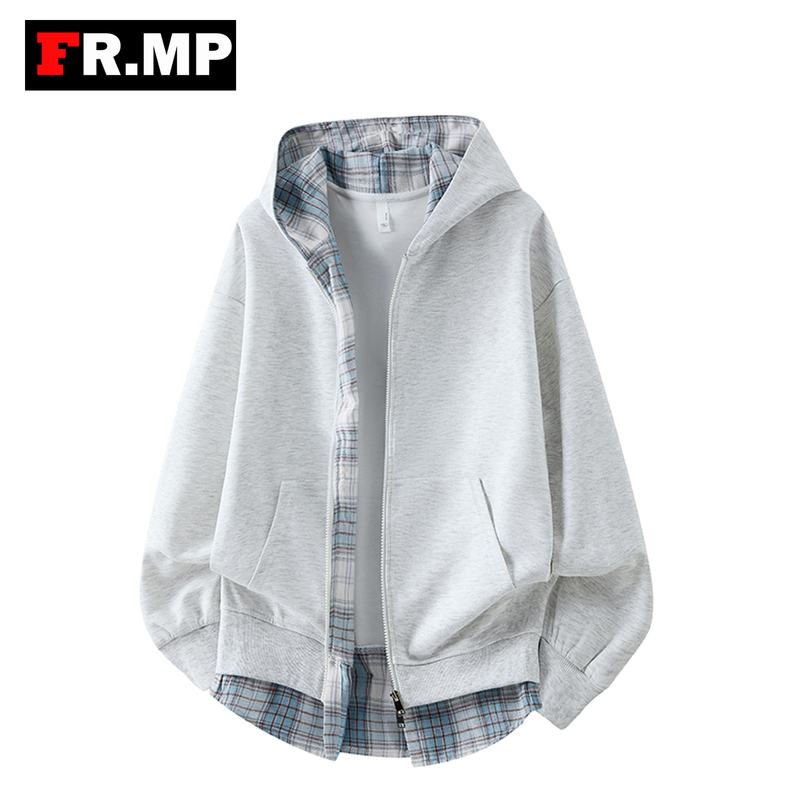 Fr.Mp American Retro Fake Two-Piece Jacket for Men and Women, Spring and Autumn Thin Hooded Sweatshirt, Plaid Casual Trendy Top
