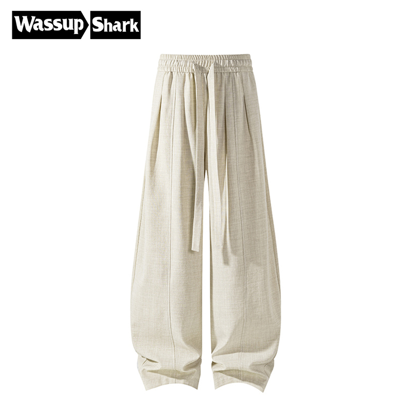 Wassup Shark Hong Kong Style Plus-Size Linen Casual Pants for Men, Summer Thin Loose Straight-Leg Pants, Breathable Trendy Style