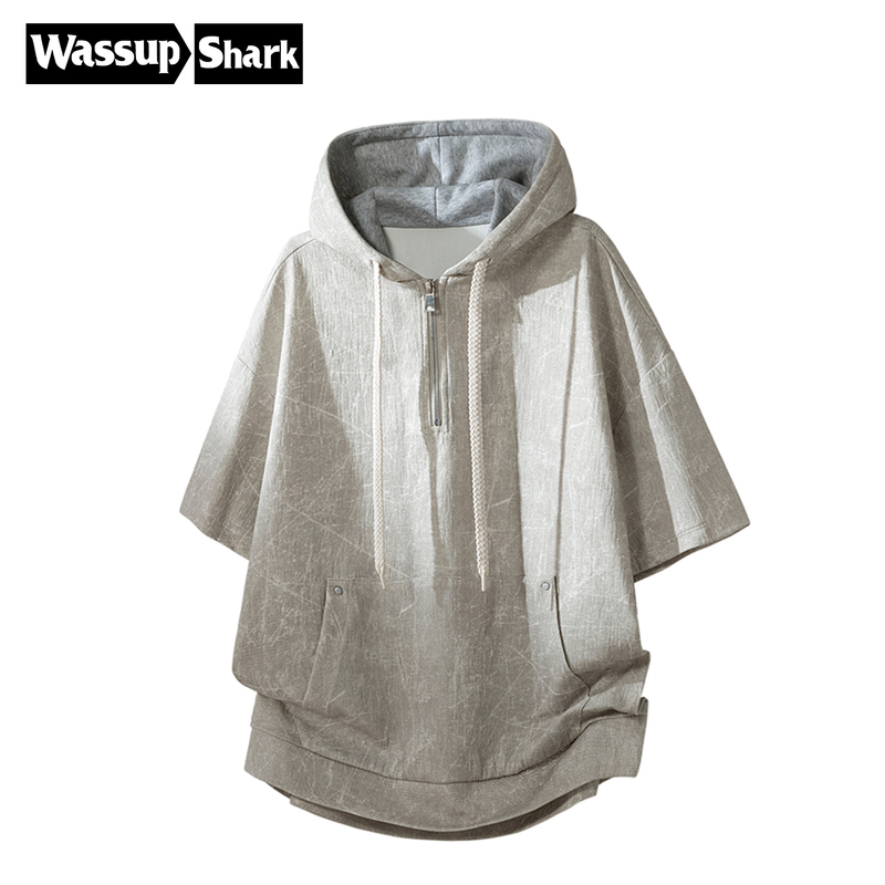 Wassup Shark American-Style Half-Zip Hooded Oversized Short-Sleeve Men's Summer Loose Tie-Dye Sports T-Shirt Versatile