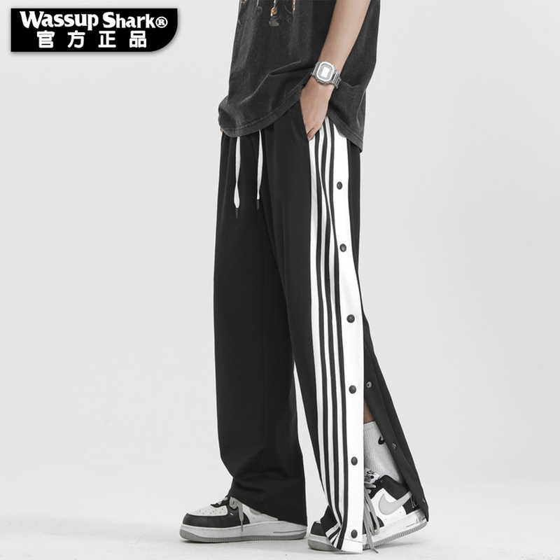 Wassup Shark Spring and Summer Full-Button Sweatpants for Men and Women, American-Style Straight Loose Basketball Sports Casual Long Pants