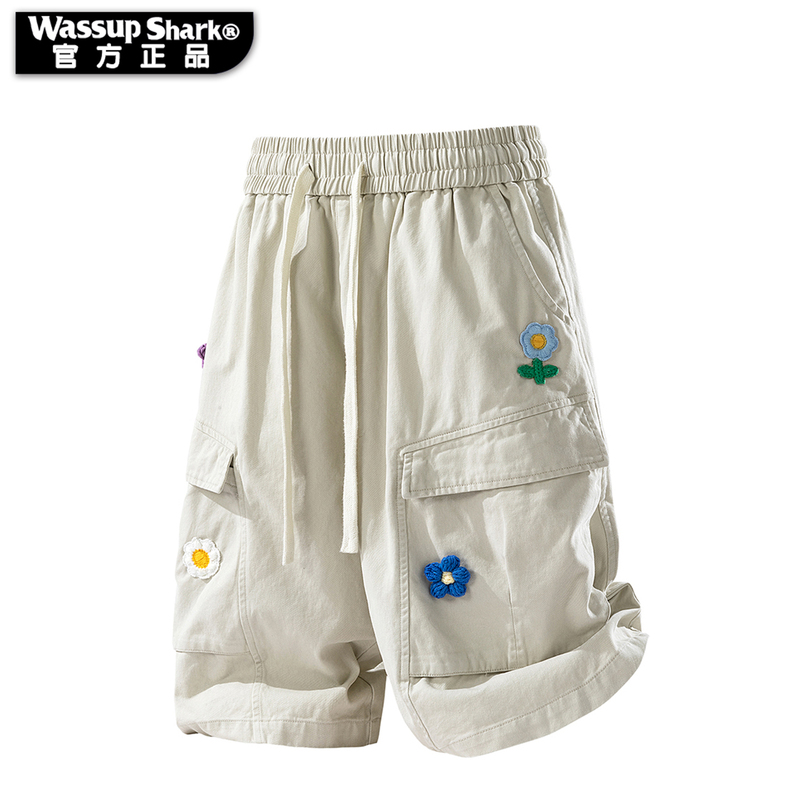 Wassup Shark Japanese-Style Work Shorts for Men and Women, Trendy Small Floral Embroidery, Pure Cotton, Loose Fit, Knee-Length Five-Point Shorts