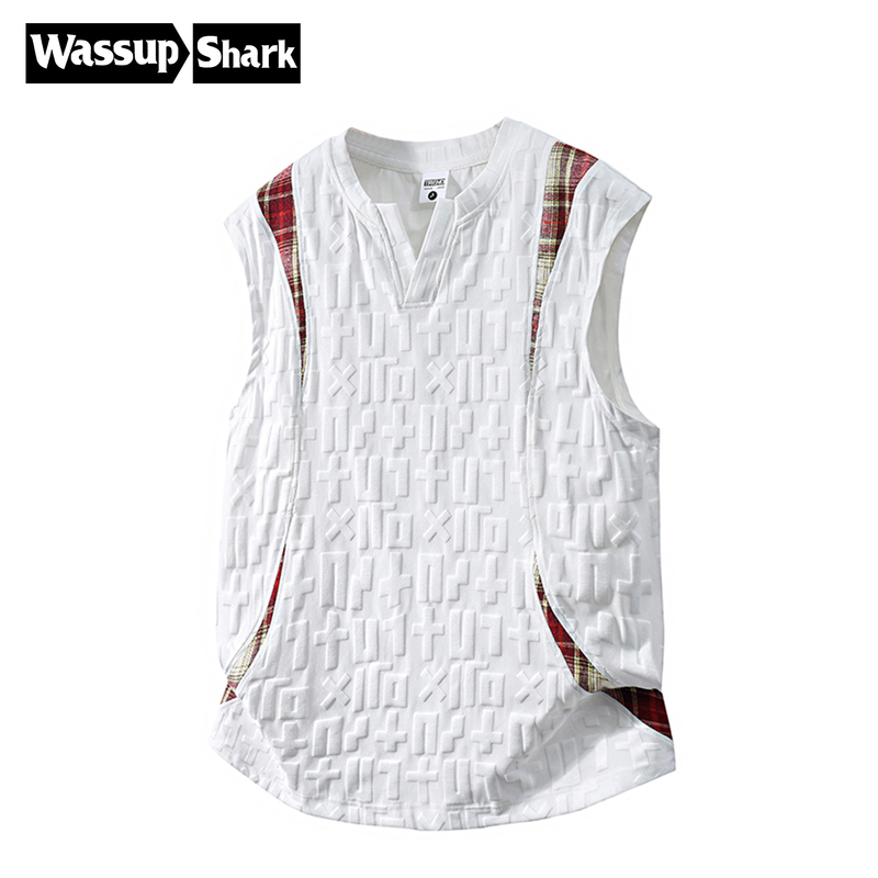 Wassup Shark American-Style Textured Large-Size Vest for Men, Summer Loose Breathable Sports Sweatshirt, Outerwear Vest