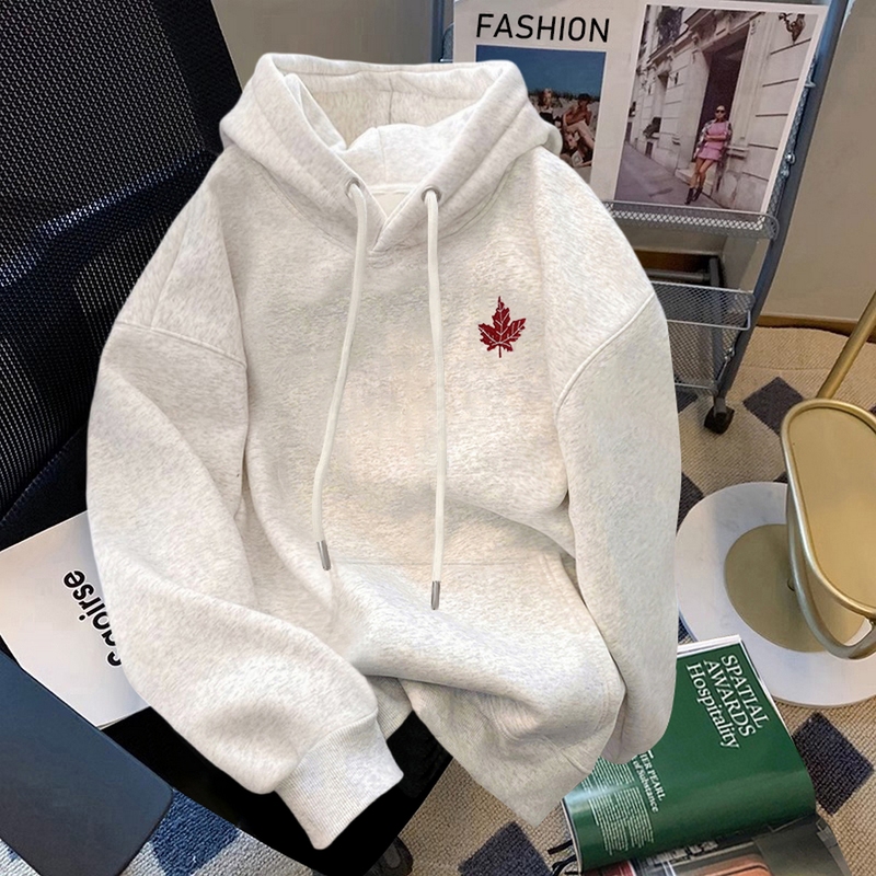 Maple Leaf Embroidered White-Gray Hooded Sweatshirt for Men, 2026 New Style, Thin Loose Fleece-Lined Jacket for Autumn