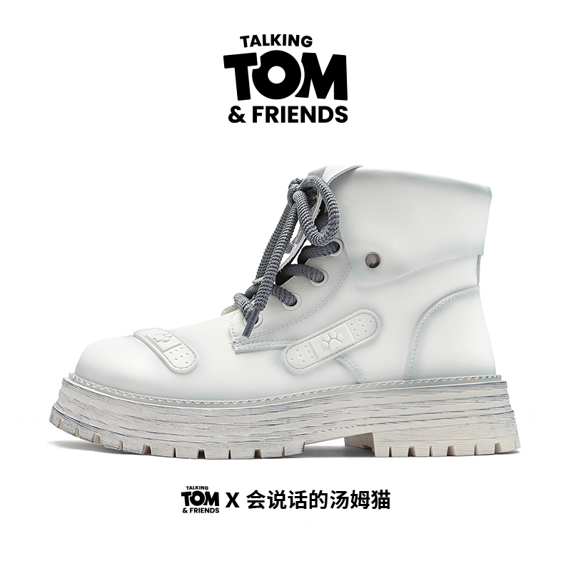 Talking Tom Cat Shoes with a Cuffed Design, White Martin Boots for Men, Spring and Autumn Couple Style, Thick-Soled Work Boots